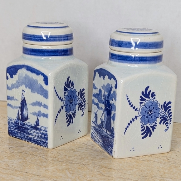 Vintage Other - Vintage Pair Blue Delft Spice Jars Ceramic Lidded Holland Canisters